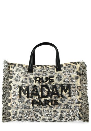 Borsa shopper con stampa leopardata, manici neri, bordi sfrangiati e "RUE MADAM PARIS" in lettere nere e in grassetto sul davanti.