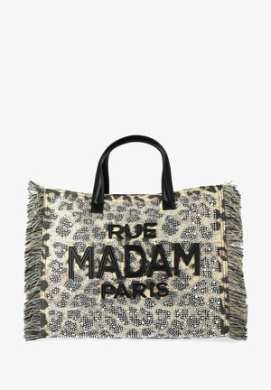 Borsa shopper con stampa leopardata, manici neri, bordi sfrangiati e "RUE MADAM PARIS" in lettere nere e in grassetto sul davanti.
