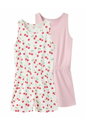 Dva bezrukávové bavlnené overalíky pre deti, jeden biely s červeným potlačeným motívom čerešní a druhý jednofarebný pastelovo ružový, oba s elastickými pásikmi.