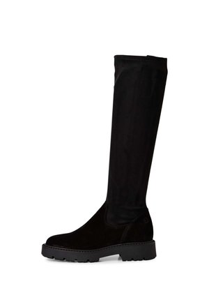 Musta polven korkeudella oleva saapas, jossa on tasainen karkea pohja, pyöreä kärki ja sileä päällinen materiaali.