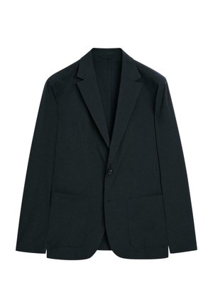 Zwarte blazer met een notch-lapels, enkele knoopsluiting en twee voorzakken. Gemaakt van een gladde stof met een reguliere snit.