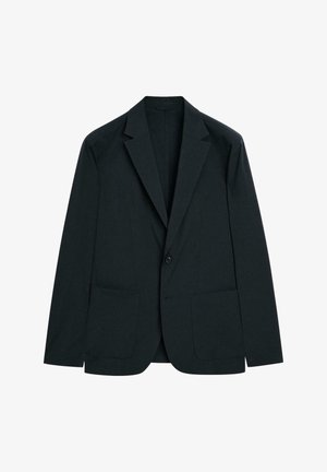 Zwarte blazer met een notch-lapels, enkele knoopsluiting en twee voorzakken. Gemaakt van een gladde stof met een reguliere snit.