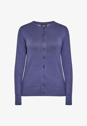 Ljubičasta pletena kardigan s dugim rukavima i okruglim izrezom, zatvaranje s gumbima sprijeda, rebrasti manšeti i donji rub, iz branda Usha.