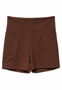 Ruskeat korkeat vyötäröiset shortsit, jotka on valmistettu joustavasta kankaasta ja joissa on litteät saumat. Niissä on sileä pinta ja sivutaskut lisäkäytettävyyttä varten.