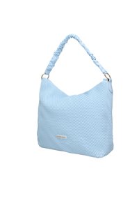 Borsa a spalla azzurro chiaro con una linea morbida, realizzata in tessuto morbido e con un manico arricciato. Presenta accessori in tonalità dorata e un branding sottile.