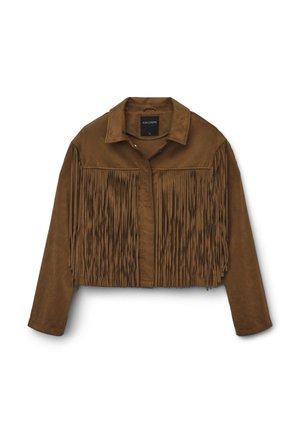 Giacca corta in suede marrone con dettagli in frange sul davanti e sulle maniche, dotata di colletto e chiusura con bottoni.
