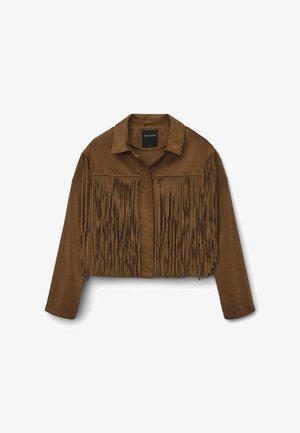 Giacca corta in suede marrone con dettagli in frange sul davanti e sulle maniche, dotata di colletto e chiusura con bottoni.