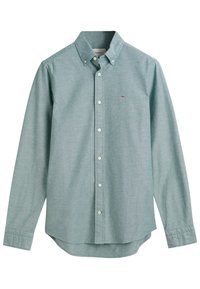 Chemise bleu clair à manches longues avec boutons, col boutonné et petit logo brodé sur la poitrine gauche.