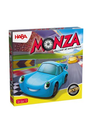 Brettspielbox mit einem blauen Cartoon-Auto mit großen Augen, dem Titel "Monza" in fettem Rot und buntem Rennstrecken-Hintergrund.