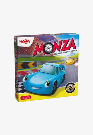 Board game box featuring a blue cartoon car with large eyes, "Monza" title in bold red, and colorful racing track background.