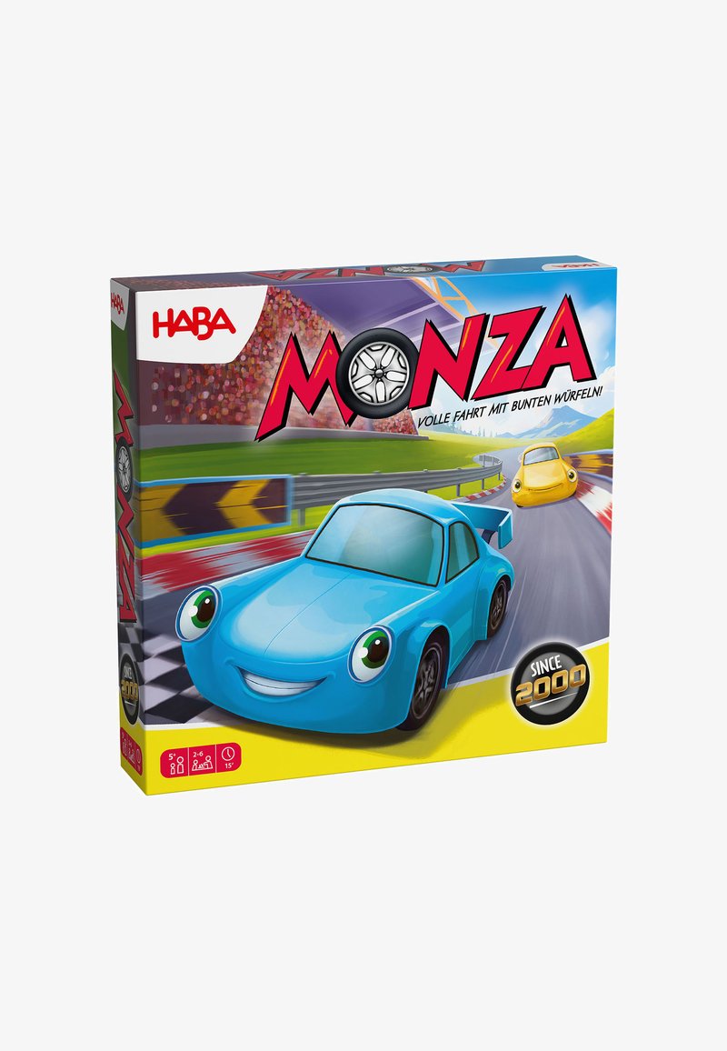 Board game box featuring a blue cartoon car with large eyes, "Monza" title in bold red, and colorful racing track background.