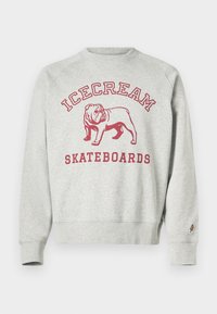 Grå sweatshirt med rund hals, prydet med en maroon bulldog grafik og teksten "ICECREAM SKATEBOARDS". Inkluderer et lille isvaffel ikon på ærmet.