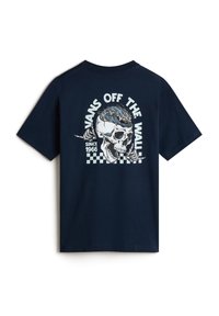 Námořnická modrá bavlněná tričko s velkým obrázkem lebky na zadní straně a textem "VANS OFF THE WALL" s kostkovanými akcenty.