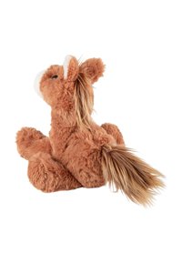 Brown plush horse toy with a soft, furry texture, white accents on the muzzle, and long, flowing mane and tail.