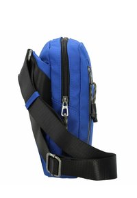 Bolso cruzado de nailon azul con una superficie texturizada, presenta una correa negra y un zipper plateado. Diseño compacto con un bolsillo lateral.