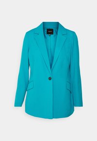 Tyrkysový blazer s jedním černým knoflíkem, ostrými klopami, dvěma předními kapsami a dlouhými rukávy. Hladká látka s konfekčním střihem.