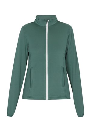 Giacca zip verde con colletto alto, maniche lunghe e due tasche laterali. Caratterizzata da una zip bianca e un tessuto liscio e elasticizzato.