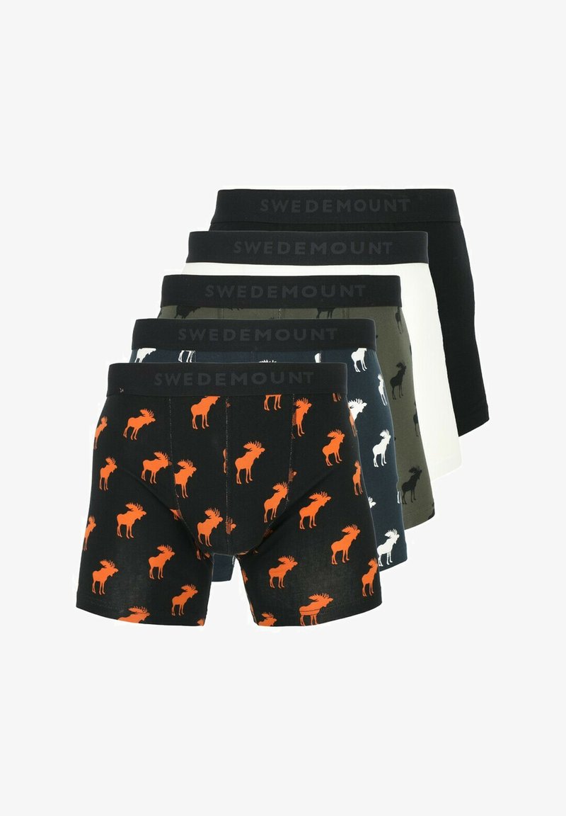 Cinq paires de boxer en différentes designs : une en noir avec des orignaux orange, noir uni, vert, marine avec des orignaux blancs et blanc.