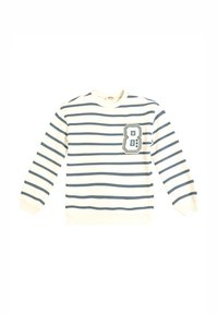 Felpa a righe in crema con linee orizzontali blu navy. Presenta un grande numero "8" ricamato sul petto. Polsini e fondo a costine.