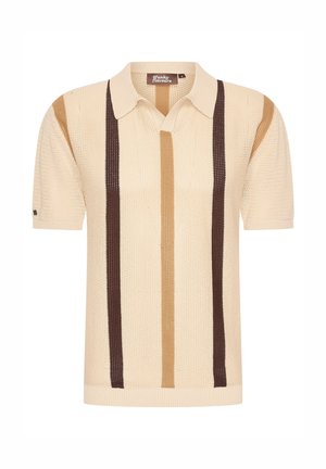 Beige knitted polo shirt with short sleeves, featuring vertical stripes in dark brown and tan. Classic collar with logo detail on the sleeve.