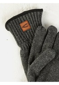 Grijze gebreide handschoenen met geribbelde pols, lederen details, een gladde textuur en een strakke pasvorm. Elke handschoen heeft drie vingers.
