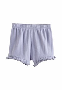 Shorts en tricot violet clair à rayures verticales, taille élastique et ourlets à volants sur fond blanc.