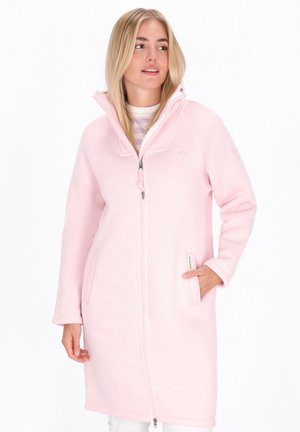 Pink fleece long coat with a high collar, front zipper, side pockets, and a soft texture, featuring a subtle pattern and hood.