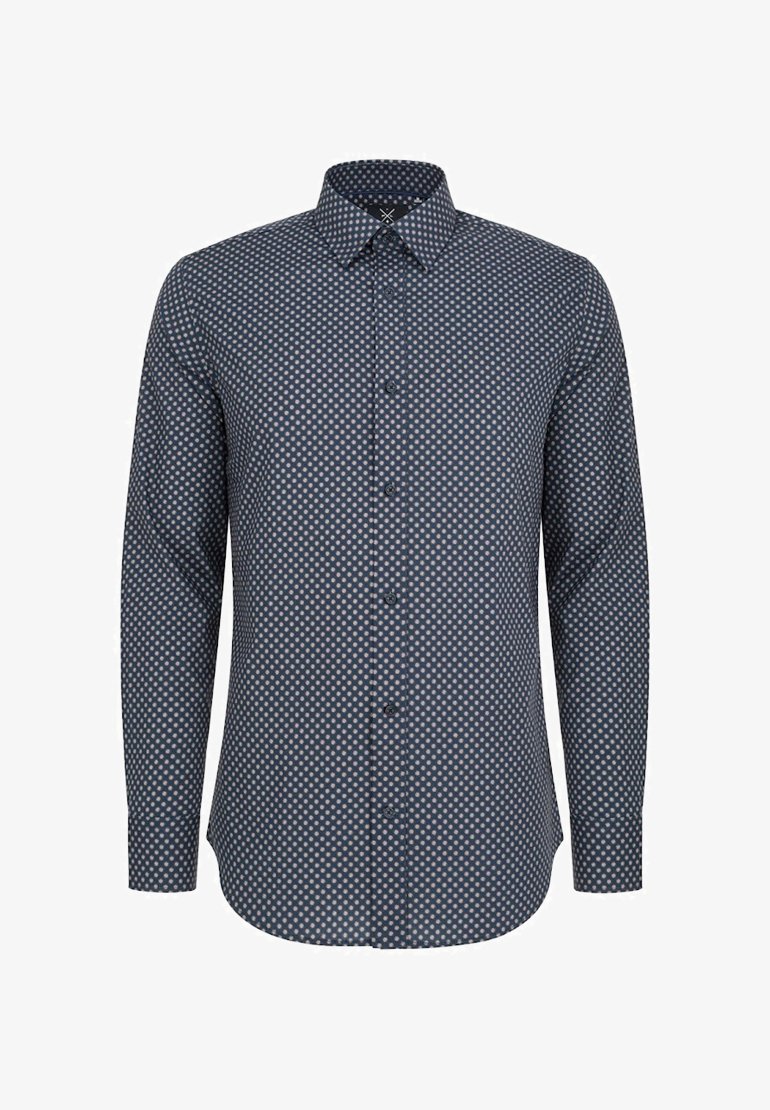 Granatowa koszula z długim rękawem z małym, powtarzającym się białym i różowym wzorem w kropki. Klasyczny kołnierzyk z zapięciem na guziki.