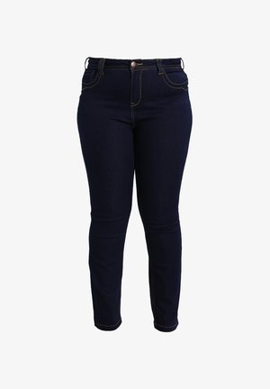 Mørkeblå slim-fit jeans med forreste knap, lommer og kontrastsyning, vist på en hvid baggrund.