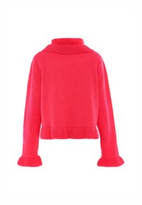 Morbido maglione rosa brillante con collo alto a coste, maniche lunghe e polsini arricciati. Presenta un orlo cropped e un motivo a maglia testurizzata.