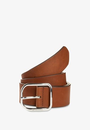 Cintura in pelle marrone con una texture liscia, caratterizzata da una fibbia rettangolare argento e una punta arrotondata. La cintura passa attraverso la fibbia in un unico strato.