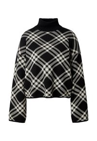 Schwarz-weiß geschnittenen Pullover mit hohem Kragen, einem geometrischen Karomuster und lockeren Ärmeln. Gewebte Textur über das gesamte Kleidungsstück.