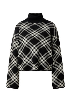 Schwarz-weiß geschnittenen Pullover mit hohem Kragen, einem geometrischen Karomuster und lockeren Ärmeln. Gewebte Textur über das gesamte Kleidungsstück.
