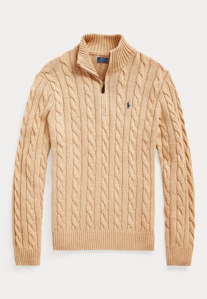 CABLE-KNIT COTTON QUARTER-ZIP SWEATER - Neule - camel melange