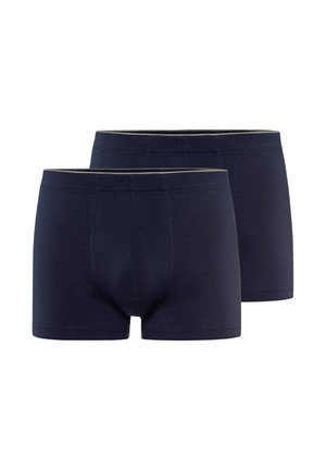 To par enkle mørkeblå herreboxershorts med elastiske linninger, vist forfra og bagfra på hvid baggrund.