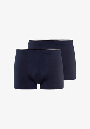 Zwei Paar schlichte dunkelblaue Herren-Boxershorts mit elastischem Bund, Vorder- und Rückansicht auf weißem Hintergrund dargestellt.