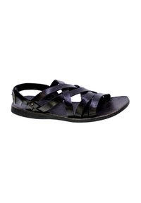 Sandal in pelle nera con cinturini incrociati, punta aperta e supporto per il tallone posteriore. Presenta una suola testurizzata e un design elegante per la traspirabilità.