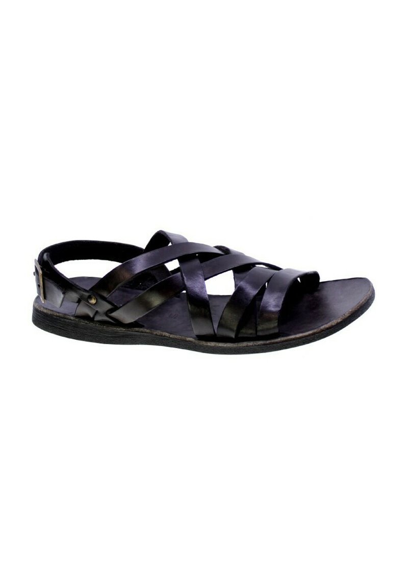 Sandal in pelle nera con cinturini incrociati, punta aperta e supporto per il tallone posteriore. Presenta una suola testurizzata e un design elegante per la traspirabilità.