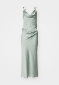 Satin maxi-klänning i mjuk mintgrön, med tunna axelremmar, v-ringning och draperingar längs sidan för extra textur.