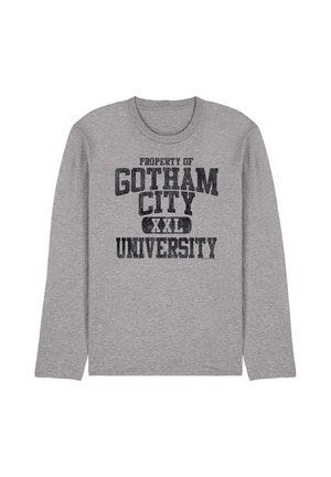 Grey long-sleeve shirt with black text reading "Property of Gotham City XXL University" in a bold, distressed font.