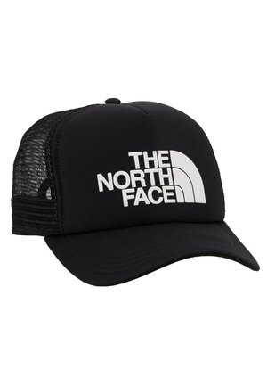 Schwarze Trucker-Mütze mit einem soliden Stoff vorne und einem Netzrücken. Auf der Vorderseite befindet sich ein auffälliges weißes Logo mit der Aufschrift "THE NORTH FACE".