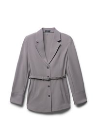 Maßgeschneiderter Blazer aus hellgrauem Stoff mit Reverskragen, Ein-Knopf-Verschluss, tailliertem Schnitt und zwei seitlichen Taschen.