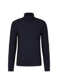 Dunkelblauer, kabelgestrickter Rollkragenpullover mit Rautenmuster und langen Ärmeln, gerippten Bündchen und Saum.