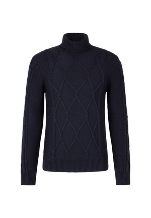 Dunkelblauer, kabelgestrickter Rollkragenpullover mit Rautenmuster und langen Ärmeln, gerippten Bündchen und Saum.
