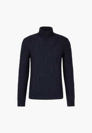 Granatowy sweter z golfem, wykonany z dzianiny w warkocz z diamentowym wzorem i długimi rękawami, z prążkowanymi mankietami i dołem.