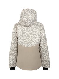 Krémovo-béžová kabát s leopardím vzorom a pripojenou kapucňou, so pevnou krémovo-béžovou dolnou časťou, zobrazený zozadu s dlhými rukávmi.