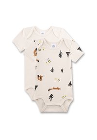 Twee korte mouwen bodysuits van crèmekleurige stof, met geïllustreerde patronen van dieren en planten in aardetinten, met drukknopen onderaan.