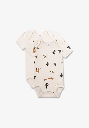 Zwei Kurzarm-Bodysuits aus cremefarbener Stoff, mit illustrierten Mustern von Tieren und Pflanzen in Erdtönen, mit Druckknöpfen am Boden.