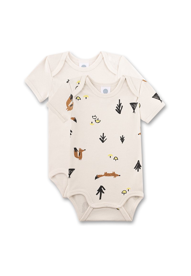 Twee korte mouwen bodysuits van crèmekleurige stof, met geïllustreerde patronen van dieren en planten in aardetinten, met drukknopen onderaan.