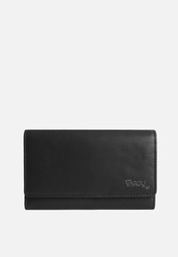 Black leather wallet with a smooth texture, fold-over design, and subtle logo embossing on the front. Compact and rectangular shape.